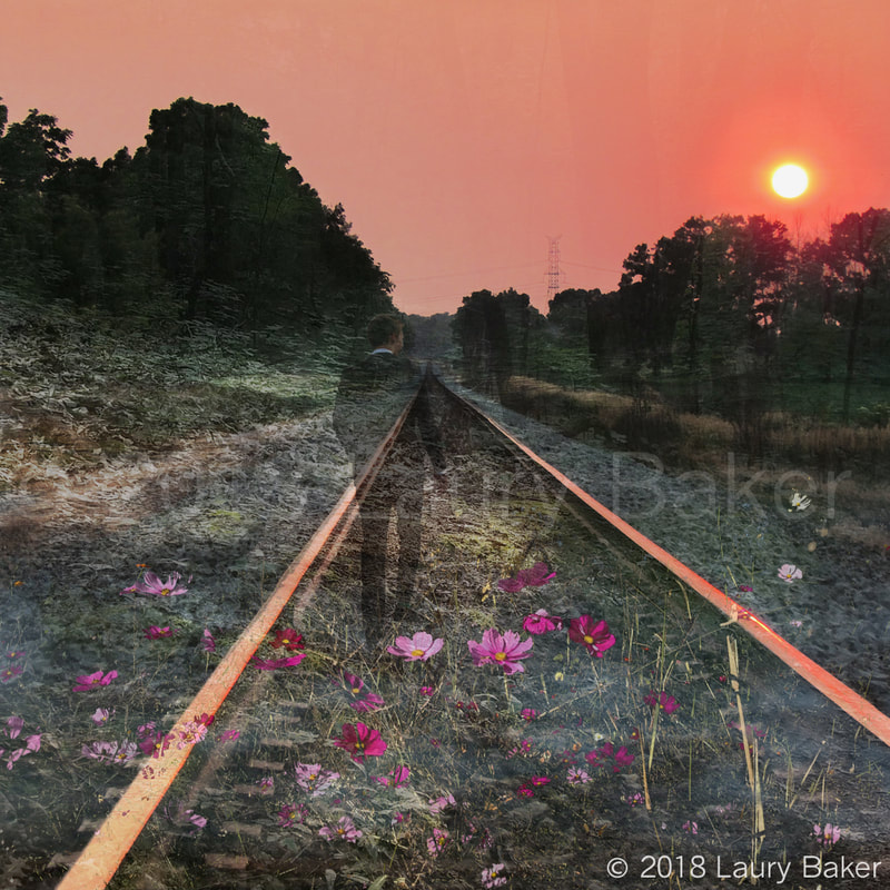 Compilation photography of young man on railroad tracks heading toward a setting sun.