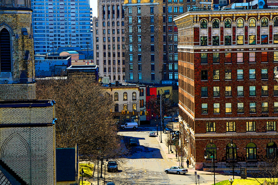 Painterly photograph of cityscape of downtown Grand Rapids, MI 