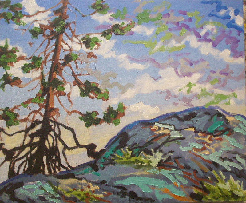 Oil painting by Richard Brinn. Pine tree and rocks. 