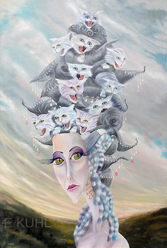 Image of Claudia; painting by Erica Kuhl. Lady with cat eyes and cats arranged in an elaborate up-do.