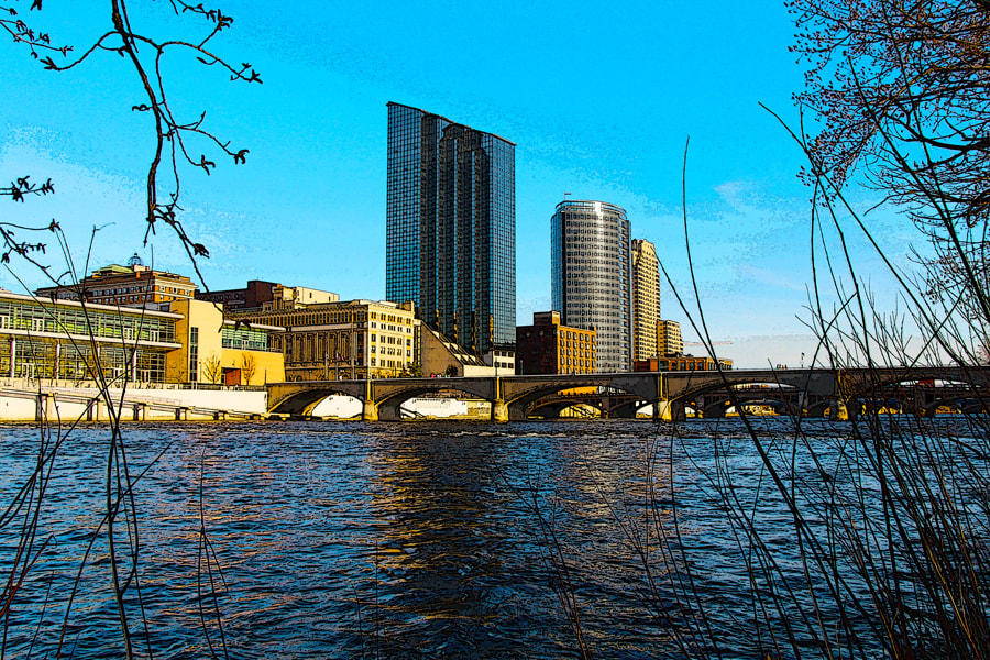 Photo of downtown Grand Rapids Michigan; Grand River, bridges, bulildings; enhanced with painterly qualities. by Ben Perrin